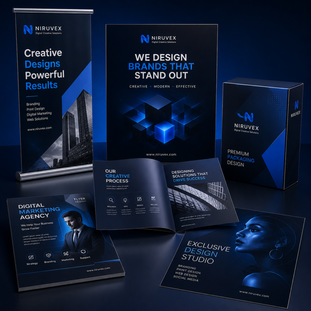 Professional print design mockup featuring flyer, brochure, poster, packaging box, roll-up banner, and premium marketing materials displayed in a modern dark blue 3D workspace by Niruvex.