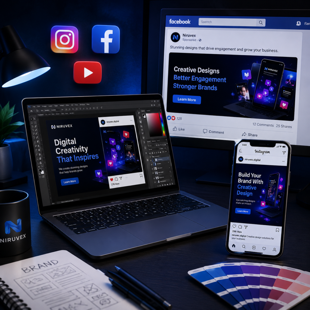 Professional social media graphic design workspace featuring a laptop, Instagram post designs, Facebook advertising creatives, mobile mockup, branding elements, and a modern dark blue designer setup by Niruvex.