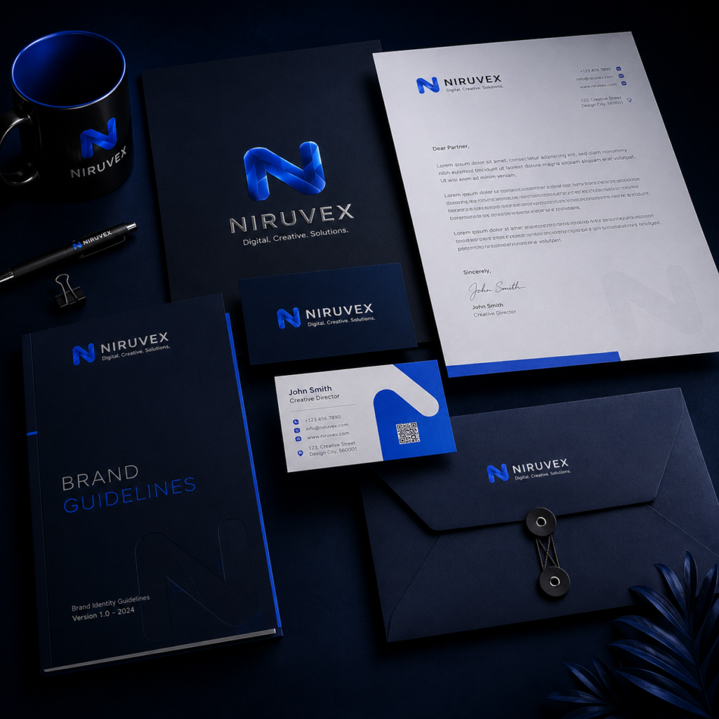 Professional brand identity design mockup featuring logo design, business card, letterhead, envelope, brand guidelines book, coffee mug, and premium corporate stationery in a modern dark blue workspace by Niruvex.