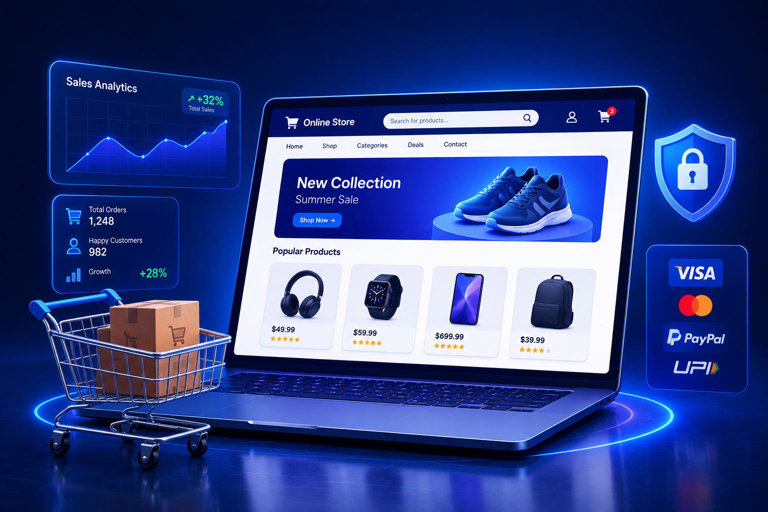 Professional e-commerce development services illustration showing an online store on a laptop with shopping cart, product cards, sales analytics dashboard, secure payment gateway icons, and mobile-friendly online shopping interface.