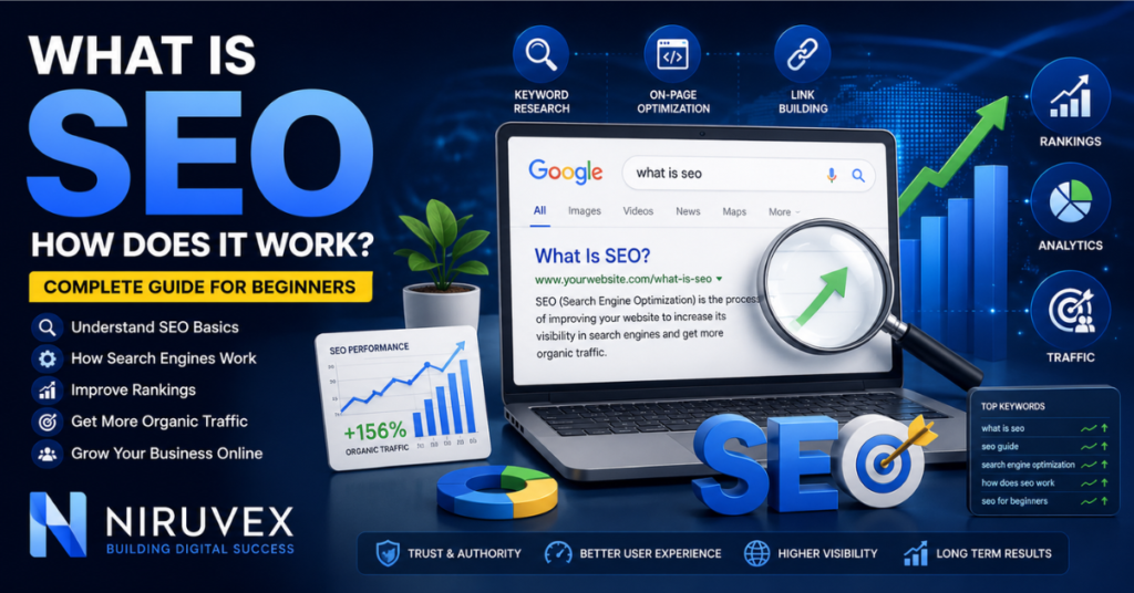 What is SEO how does it work illustration showing Google search ranking, keyword research, website optimization, organic traffic, and search engine optimization process.
