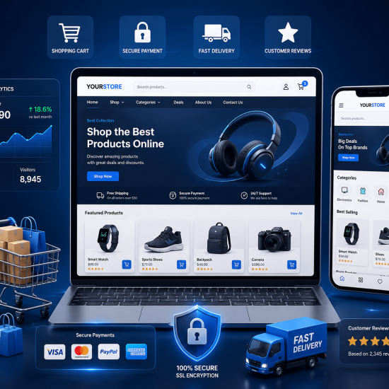Professional e-commerce website development dashboard featuring an online store, shopping cart, secure payment gateway, sales analytics, mobile shopping app, customer reviews, and fast delivery system.